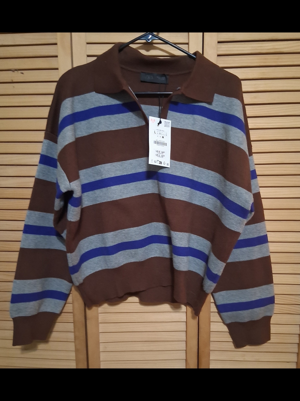 Zara Brown, Gray & Blue Striped Polo Cropped Sweater.